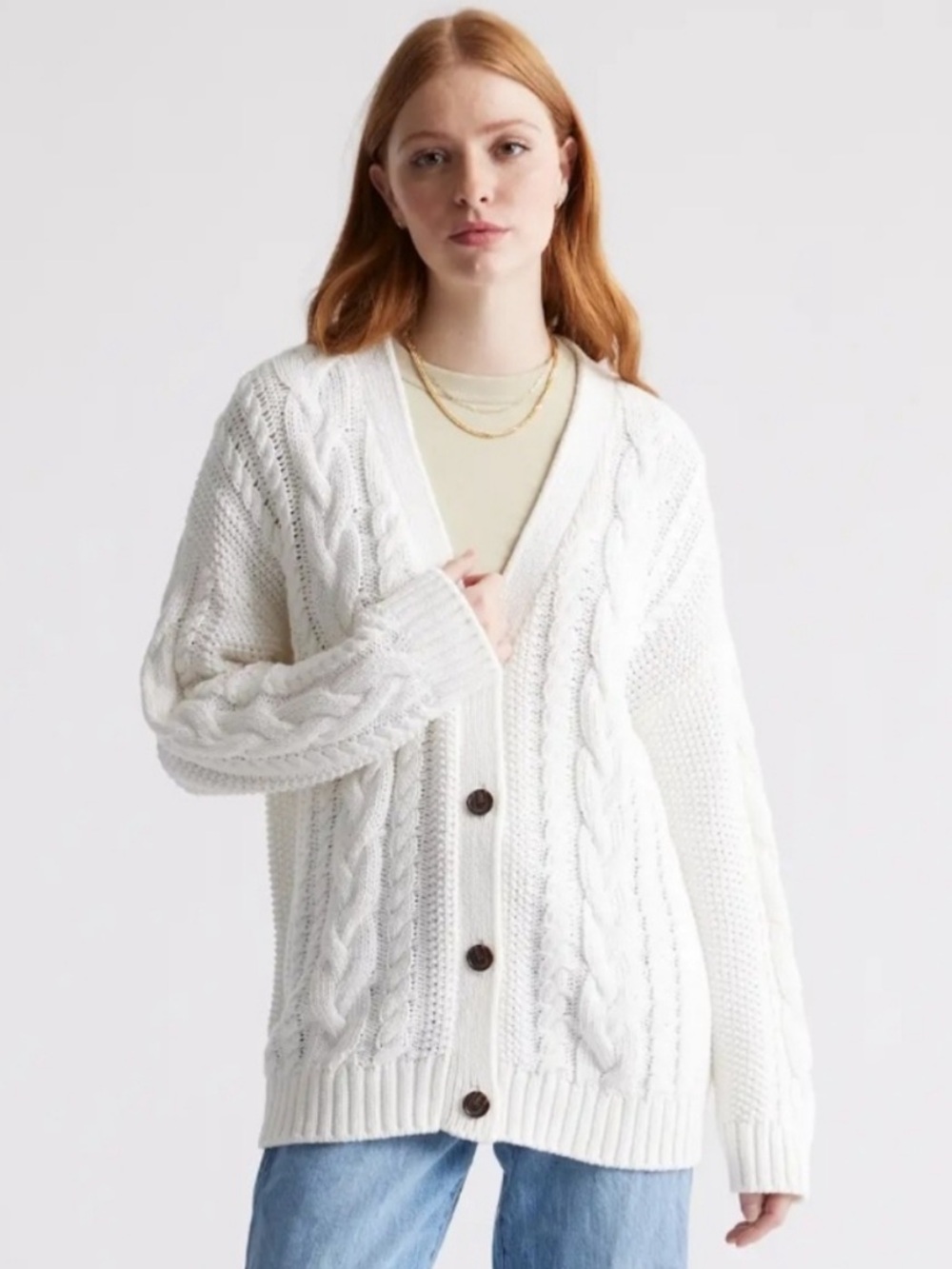Quince Womens Ivory 100% Organic Cotton Oversized Cable Cardigan Sweater XS